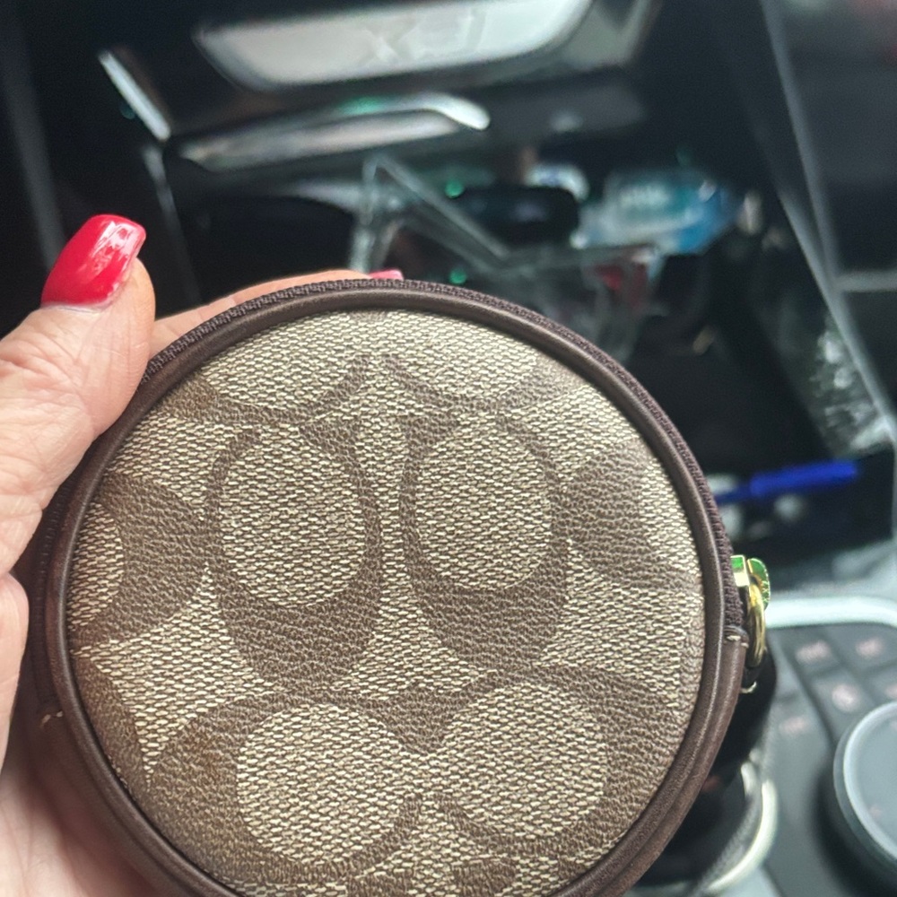 Coach Brown and Cream Signature Round Coin Pouch - Picture 2 of 3